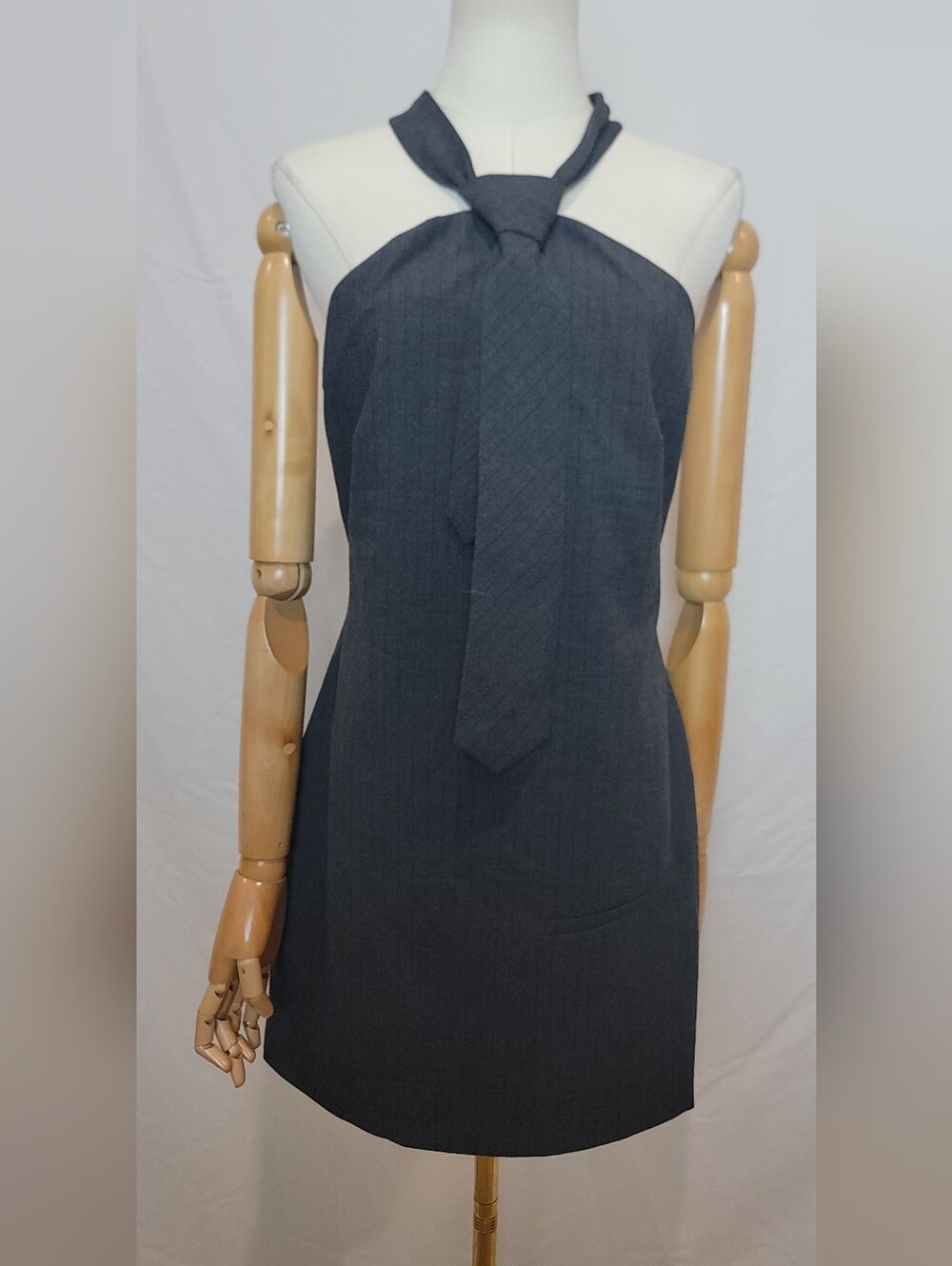 Zara Charcoal Grey Halter Neck Mini Dress with Built-in Neck Tie, Size Medium